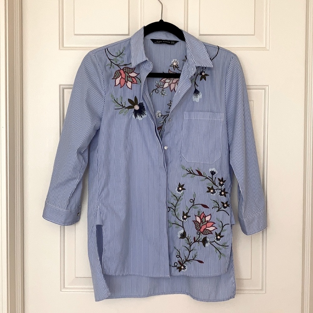 zara embroidered shirt blue